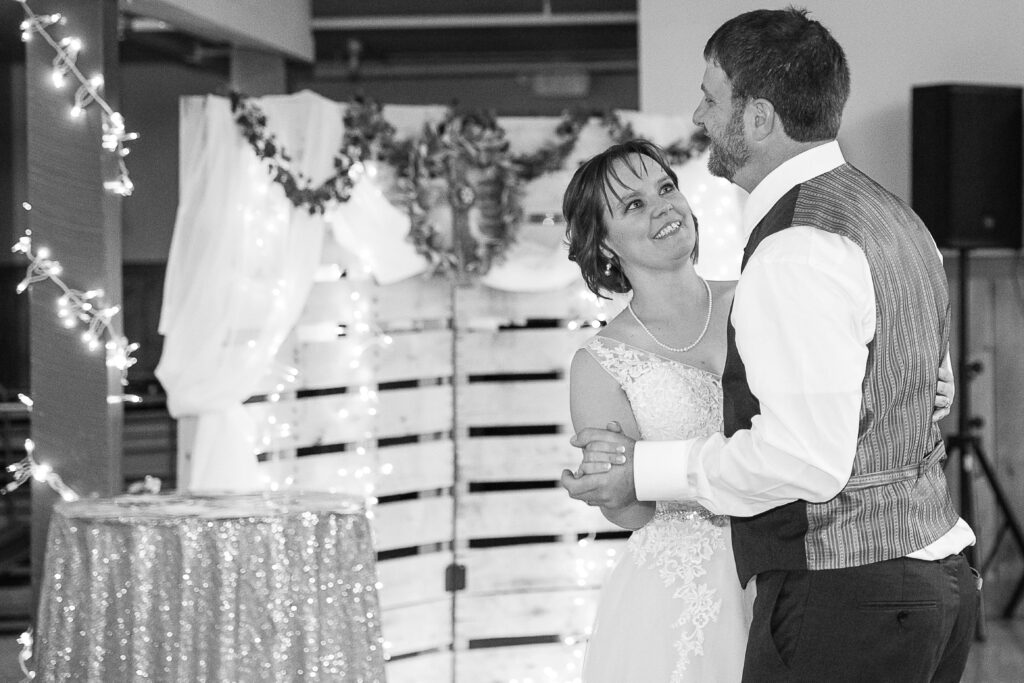 black and white image of bride and groom first dance photo